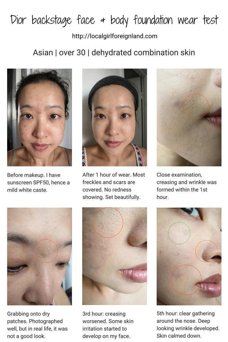 Dior Face and Body foundation wear test, dehydrated combination skin, over 30, asian